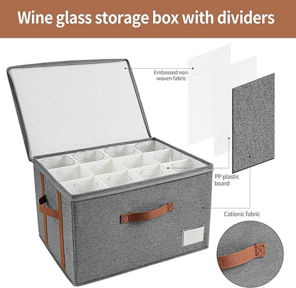 Stemware Storage Cases,Wine Glass Storage Box,with Dividers, Holds 12 Red or White Wine Glasses, Durable Glassware Storage Containers for Crystal or Stemware(Grey red, Stemware storage cases)