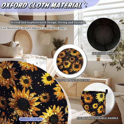 Beautiful Sunflower Laundry Basket Foldable Oxford Cloth Yellow Floral Laundry Hamper With Handle Portable Clothes Storage Organizer Basket 18.9"x16.5" Storage Bag For Laundry Room/Bathroom/Bedroom