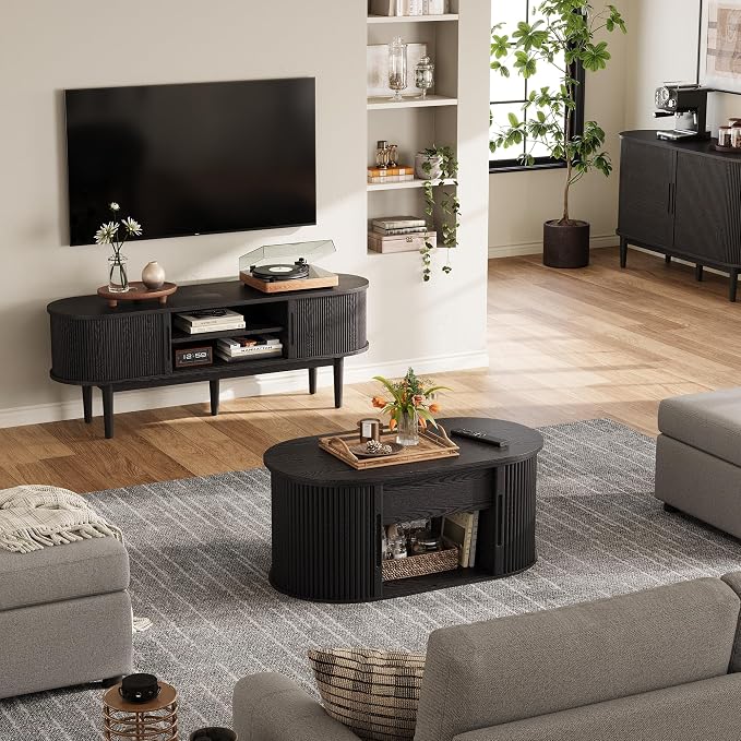 LINSY Lift Top Coffee Table, Oval Fluted Coffee Table with Storage, Mid Century Modern Wooden Coffee Tables with Sliding Tambour Door, 39" Center Table for Living Room, Office, Small Space, Black