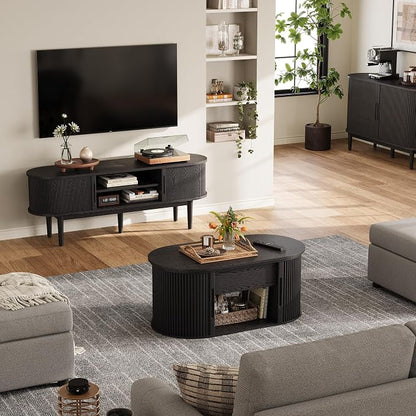 LINSY Lift Top Coffee Table, Oval Fluted Coffee Table with Storage, Mid Century Modern Wooden Coffee Tables with Sliding Tambour Door, 39" Center Table for Living Room, Office, Small Space, Black