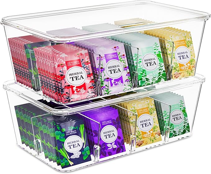 Utopia Home Tea Bag Organizer with Lids – 2 Pack Stackable Pantry, Cabinet & Fridge Storage Organizer for Kitchen, Snacks & Spices