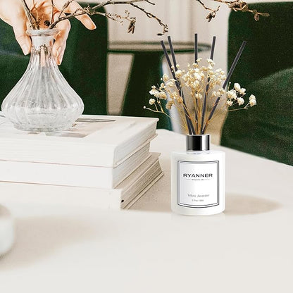 Ryanner Flower Reed Diffuser Set,5.1 fl oz White Jasmine Scent Diffuser with Sticks Home Fragrance Reed Diffuser with Essential Oil for Bathroom Shelf Decor&Air Freshener,Home Bathroom Office Decor