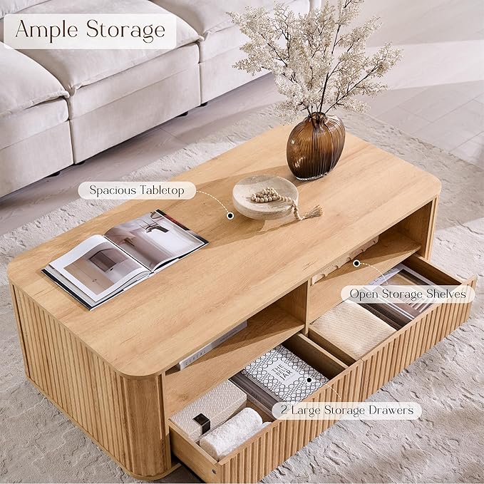 ACCOHOHO 51" Fluted Coffee Table with Storage, Large Modern Center Table with 2 Drawers, Rectangle Wood Coffee Table for Living Room, Natural Oak