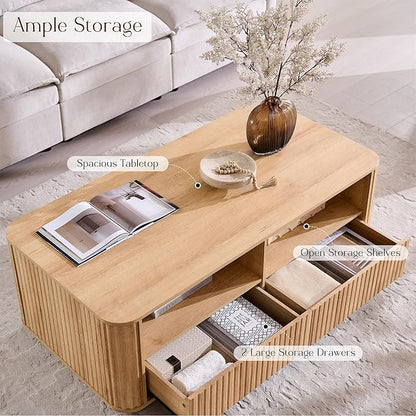 ACCOHOHO 51" Fluted Coffee Table with Storage, Large Modern Center Table with 2 Drawers, Rectangle Wood Coffee Table for Living Room, Natural Oak