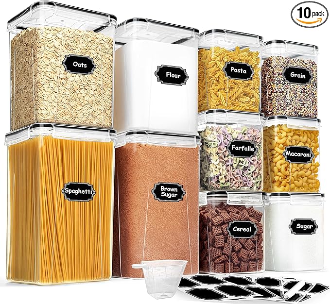 Flour Sugar Storage Containers, 10 Pack Large Airtight Food Storage Containers with Lids for Kitchen Pantry Organization and Storage, BPA Free Plastic Canisters Sets for Cereal, Rice and Baking