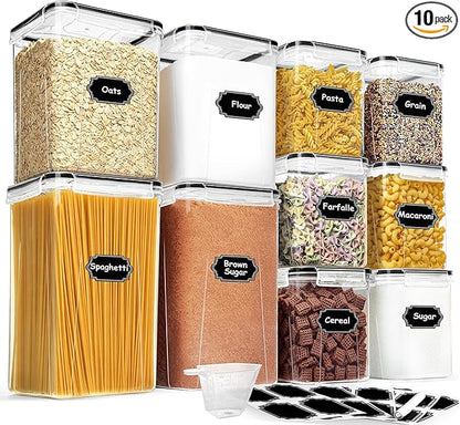 Flour Sugar Storage Containers, 10 Pack Large Airtight Food Storage Containers with Lids for Kitchen Pantry Organization and Storage, BPA Free Plastic Canisters Sets for Cereal, Rice and Baking