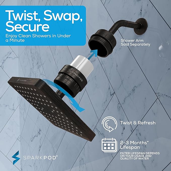 SparkPod 23-Stage Filtered Shower Head, 8" Square, Oil-Rubbed Bronze | Filtered Shower Head for Hard Water Filter, High Pressure, Reduces Chlorine, Heavy Metals, For Dry Skin & Hair