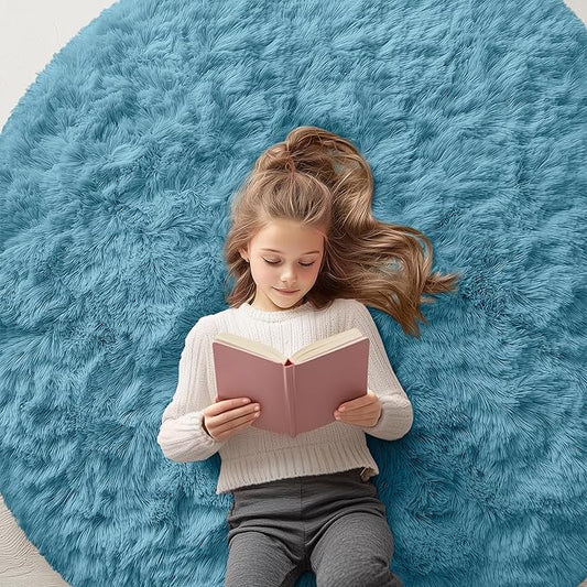 OLANLY Slate Blue Round Rugs for Bedroom - Machine Washable, 5 ft Circle Area Rugs for Living Room, Soft and Fluffy Shaggy Carpet for Teen Girl and Boys, Nursery Rooms, Dorms, Home Decor Aesthetic