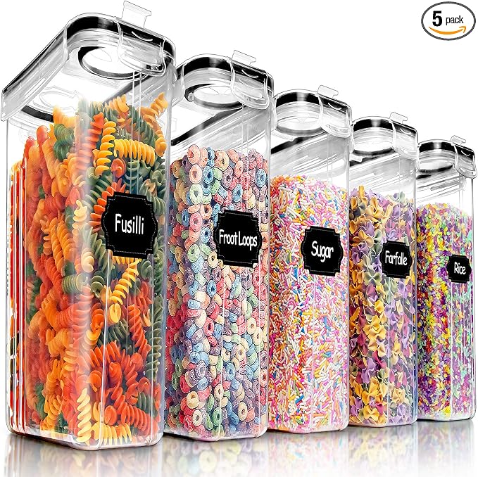 PRAKI 5PCS Cereal Containers Storage Set, BPA Free Airtight Food Storage Container Set with Lids, Kitchen Pantry Organization and Storage for Sugar, Baking Supplies with 20 Labels & Mark(4L Black)