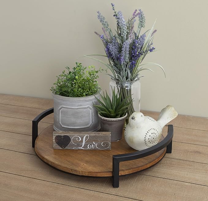 Kate and Laurel Ficher Round Wood Tray, 15" Diameter, Rustic Brown, Shabby-Chic Farmhouse Centerpieces for Table or Ottoman
