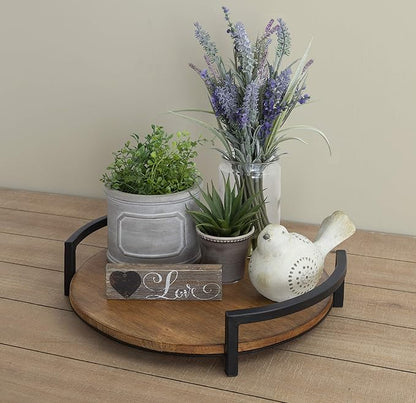 Kate and Laurel Ficher Round Wood Tray, 15" Diameter, Rustic Brown, Shabby-Chic Farmhouse Centerpieces for Table or Ottoman