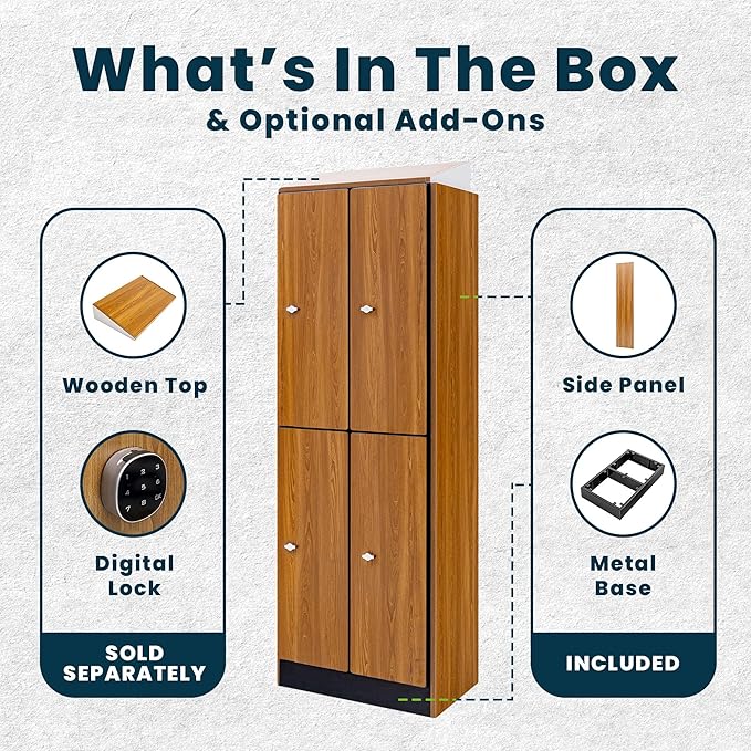 Alpine 4 Door Wooden Locker Cabinet - 72" Expandable Commercial Storage Lockers for Gym, Spa, Office & Golf Club - Includes Metal Base & Lock-Ready Handles, Double Column 2 Tier - Oak