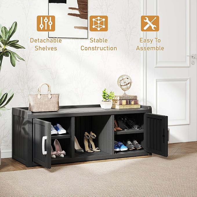 NUNU LAB Shoe Storage Cabinet, Waterproof Shoe Organizer with Adjustable Shelves, UV-Resistant Entryway Shoe Cabinet Bench with 2 Barn Doors for Indoor Outdoor, Foyer, Hallway, Living Room,Black