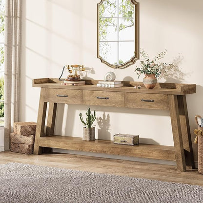 Tribesigns 70.9-Inch Sofa Table with 3 Drawers, 2-Tier Extra Long Farmhouse Console Table with Raised Baffle and Storage Shelves for Living Room, Hallway, Entryway, Entrance, Rustic Brown