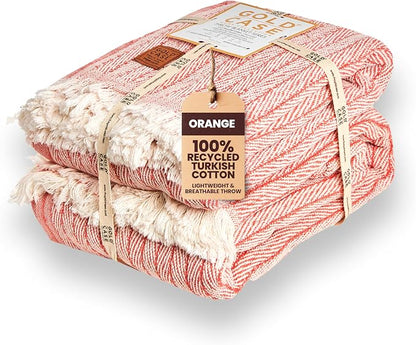 Gold Case Throw Blanket for Couch - 100% Recycled Turkish Cotton Blankets & Throws - Vintage Soft Throw Blankets for Living Room - Boho Decorative Woven Couch Blanket - 50x60 - Orange (Set of 2)