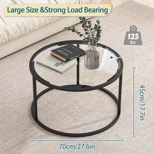 Round Coffee Table,Small Black Coffee Table for Living Room,27" Modern Center Table,Glass Top Clear Coffee Table with Sturdy Metal Frame for for Living Room Home Office, Easy Assembly,Black