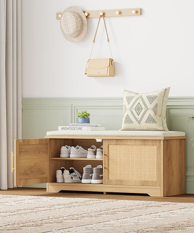 Rattan Shoe Storage Bench with Cushion, 39.4" Wide Entryway Bench with Adjustable Shelf, Hidden Shoe Organizer Cabinet, for Hallway, Living Room, Bedroom, Natural Oak