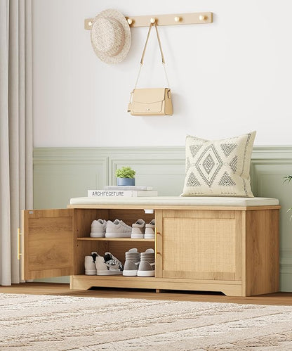 Rattan Shoe Storage Bench with Cushion, 39.4" Wide Entryway Bench with Adjustable Shelf, Hidden Shoe Organizer Cabinet, for Hallway, Living Room, Bedroom, Natural Oak