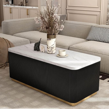 Furniture of America Beryl Modern Rectangle White Genuine Marble Top Coffee Table with Fluted Pedestal Base and Gold Stainless Steel Accent, Low Profile Table for Living Room, Home Office, Black