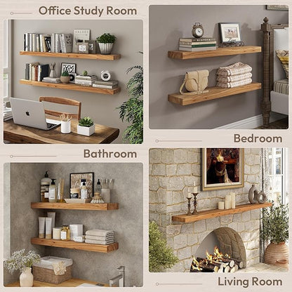 Marsmiles 24 inch Floating Shelves for Wall Solid Elm Wood Shelves|Rustic Wall Shelves with Invisible Heavy-Duty Bracket for Bathroom Living Room Kitchen|Natural, 2 Pack