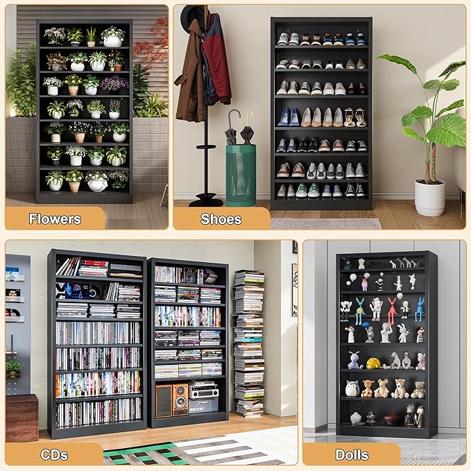 7-Tier Heavy Duty Steel Storage Rack - Adjustable Shelving Unit with Back Panel for Home, Office & Garage Use - 55" Tall Metal Organizer (Black, 7 Tier-55 H*27.6W)