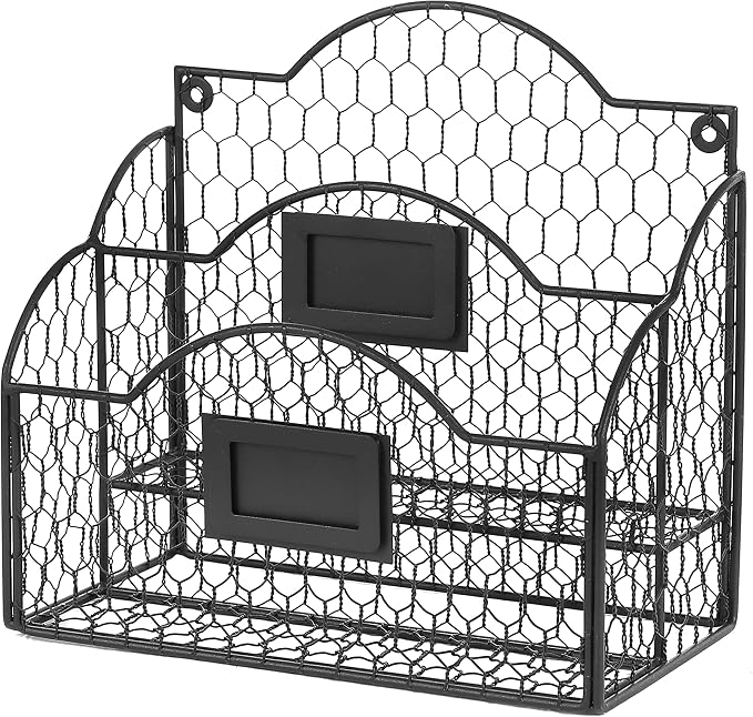 MyGift Metal Wire Basket Desk Organizer, 2 Compartment Inbox/Outbox Black Entryway Wall Mail Sorter, Office Desktop Stationery File Organizer Holder with Chalkboard Labels