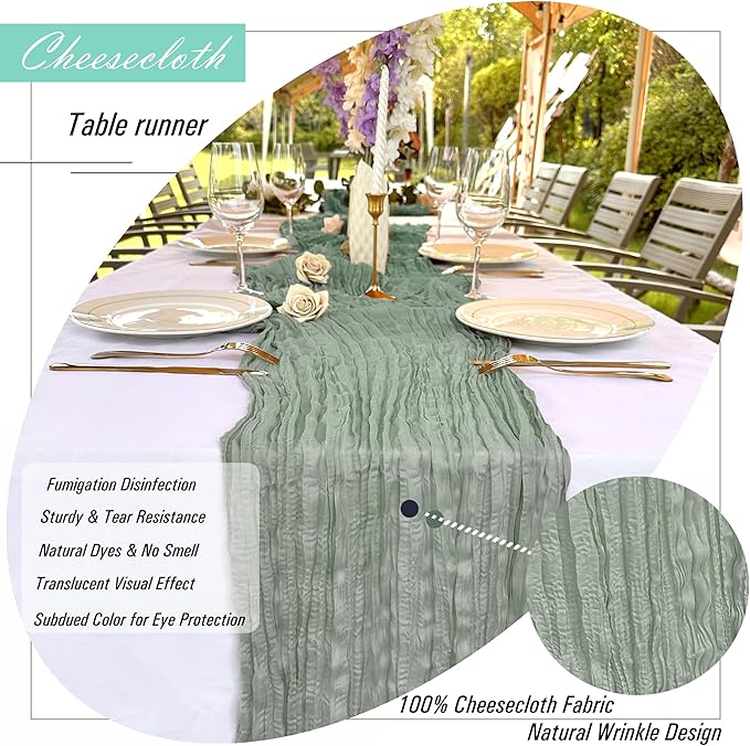 16 Pack Sage Green Cheesecloth Table Runner Rustic Gauze 22 x 108 inch Cheese Cloth Table Runners for Wedding Bridal Shower Birthday Party Table Runner Thanksgiving Christmas Decor