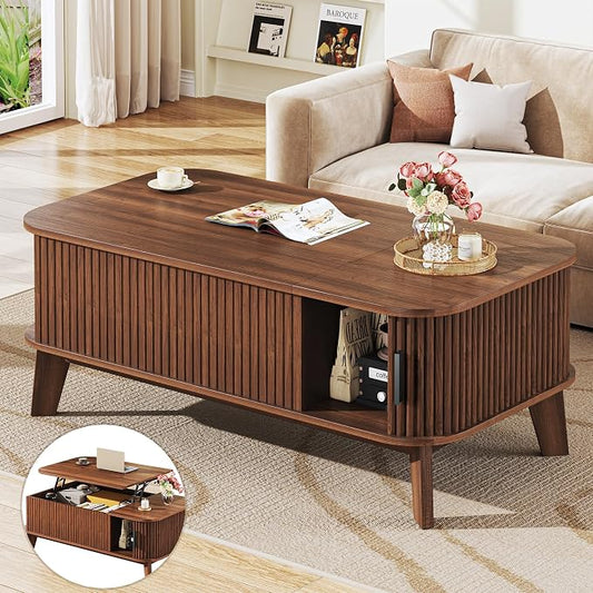 HUAHUU 37.4" Lift Top Coffee Table with Storage, Mid Century Modern Coffee Table with Sliding Fluted Doors for Living Room, Home Office, Walnut