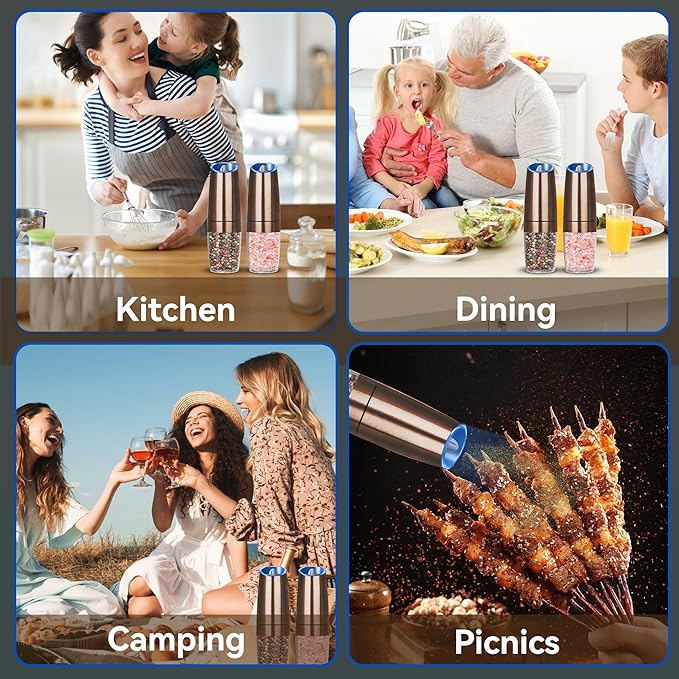 UNNEES Gravity Electric Salt and Pepper Grinder set of 2, Automatic Salt And Pepper Grinder Set, Adjustable Roughness, Battery Powered, LED Light, 2 Pack, (Copper)