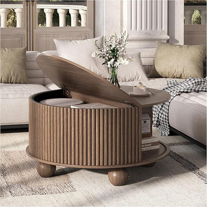 SULIVES Round Coffee Table with Storage, Unique Circle Coffee Table with Sliding Door,Fluted Accent Center Table with Bun Feet for Living Room, Walnut
