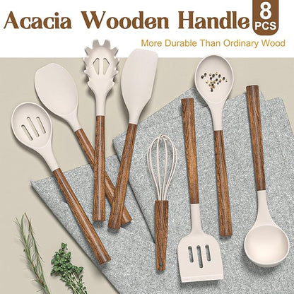 Silicone Cooking Utensil Set,Umite Chef 8-Piece Kitchen Utensils Set with Natural Acacia Wooden Handles, Silicone Kitchen Gadgets and Spatula Set for Nonstick Cookware - Khaki