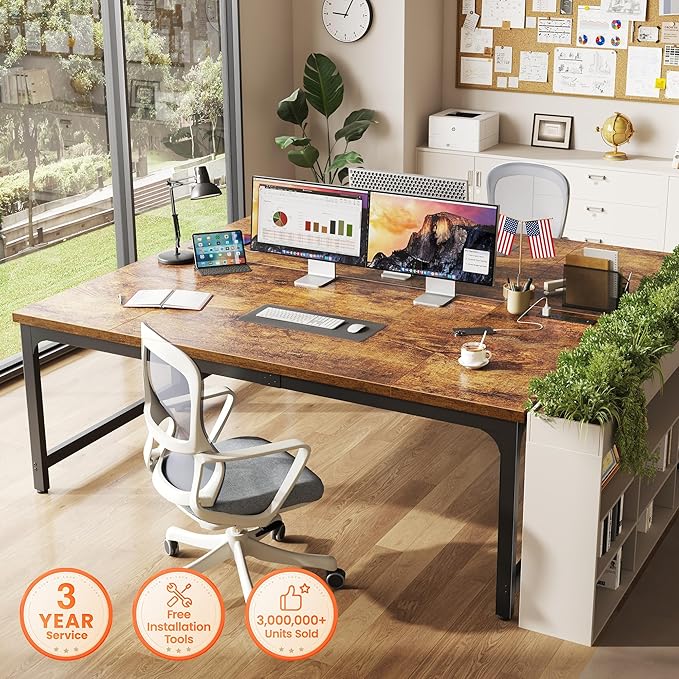Huuger 63 x 31.5 inch Desk with Power Outlets & USB-C, 0.95 Inch Thicker Desktop, Robust Metal Tubes, Deep Computer Desk, Heavy Duty Office Desk, for Home Office, Rustic Brown
