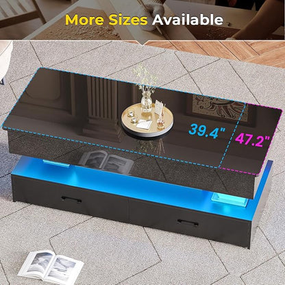 SEDETA 47.2" Lift Top Coffee Table, Coffee Tables with Storage for Living Room, 2 Drawers Coffee Table with Power Outlet & LED Light for Dining Reception Room, High Gloss Black