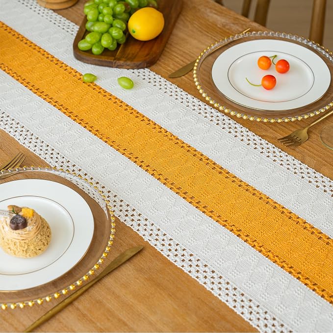 FEXIA Boho Table Runner for Summer Home Decor with Tassels 72 Inches Long Farmhouse Yellow Rustic Table Decoration Macrame Burlap Decor for Living Room Bridal Shower (12x72 Inches)