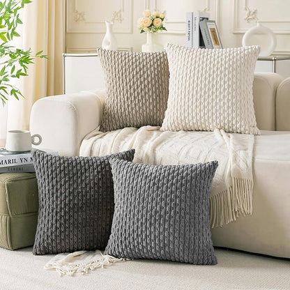 Set of 4 Grey White Taupe Decorative Throw Pillow Covers 24x24 Inch Corduroy Pillow Covers for Bed Couch Sofa Living Room Soft Square Cushion Cases