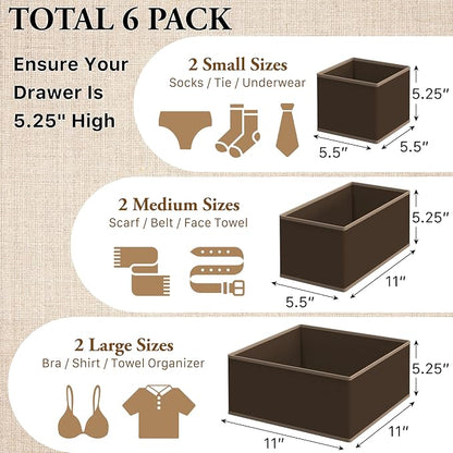 Simple Houseware Underwear Drawer Organizer for Lingerie/Undergarment/Bra/Panty/Sock/Onesie, Set of 6, Brown