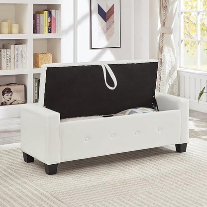 Furniliving Storage Bench, 48‘’ Upholstered PU Leather Ottoman Bench with Button-Tufted, Folding Bedroom Bench with Wood Legs, Entryway Bench for Bedroom, Cream White