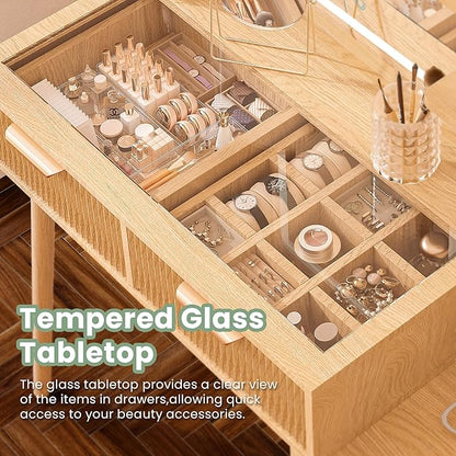 Fluted Makeup Vanity with Mirror and Lights,5 Drawers Glass Top Vanity Desk with Glass Door Cabinet,Power Outlet,6 Shelves,9-Grid Organizer,Lighting Adjustable Dressing Table,Natural Oak