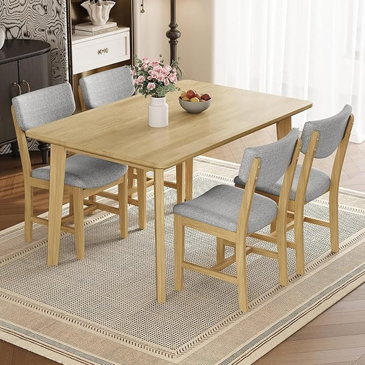 5-Piece Wooden Dining Set Mid-Century Modern Dinner Table and 4 Upholstered Chairs Rectangular Table with Chairs Set Rubberwood Legs Linen Padded Seat & Backrest for Dining Room Kitchen Apartment