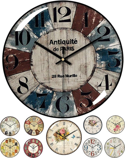 Decorative Wall Clocks Batterys Operated, Retro Wall Clock with Glass Dial, 12-Inch Dial with Roman Numerals, Silent and No Ticking, Suitable for Living Room, Bedroom, Dining Area, Workspace