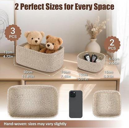 5-Pack Small Woven Rope Storage Baskets – 2 Sizes Organizer Bins for Closet, Shelf, Bookshelf, Nursery, Changing Table, Fabric Cube Boxes, Rectangular Shallow Bins for Bathroom, Toy & Home