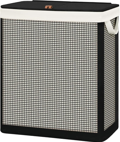 STO STO Double Laundry Hamper with Lid, 140L Large 2 Section Laundry Sorter, Laundry Basket with Removable Washable Canvas Liner Bag, Breathable Clothes Hamper for Bedroom Bathroom Laundry Room Closet