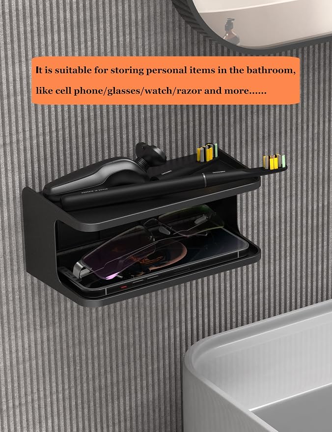 Bedside Shelf Accessories Organizer for Bedroom Bedside Wall Organizer Universal Bedside Shelf Wall Mount for Glasses/Remote/Earphone/Cell Phone and More (Black)
