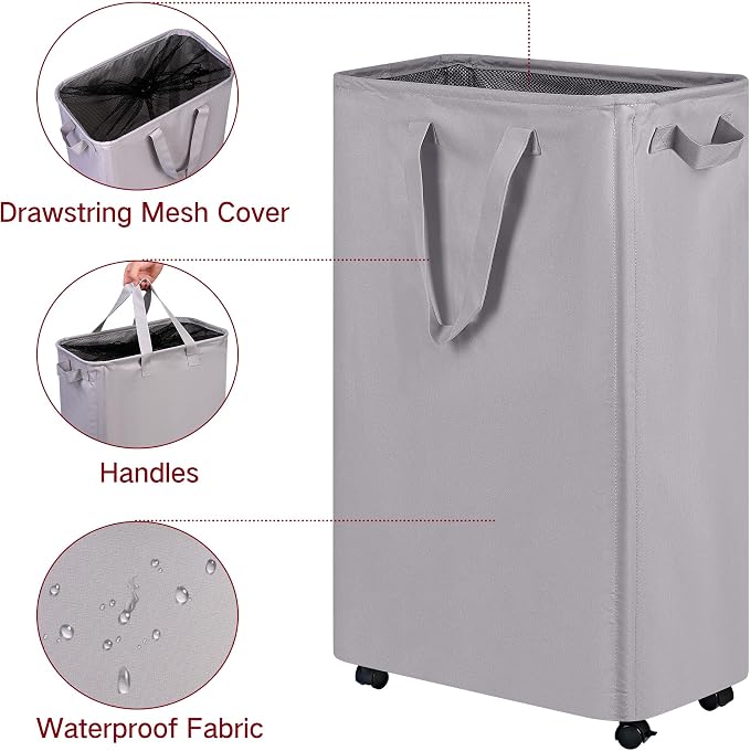 efluky Slim Laundry Hamper with Wheels, Rolling Laundry Basket for Clothes, Small Laundry Basket for Bedroom, Dorm and Laundry Room, 75L (19.8 Gallons) Grey