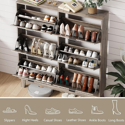 Shoe Cabinet Storage for Entryway with 6 Flip Drawers, Fluted Narrow Shoe Organizer with Wooden Legs, Freestanding Slim Shoe Storage Hidden Shoe Rack Organizer for Front Door Entrance, Grey