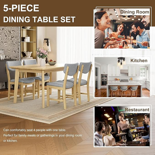 5-Piece Wooden Dining Set Mid-Century Modern Dinner Table and 4 Upholstered Chairs Rectangular Table with Chairs Set Rubberwood Legs Linen Padded Seat & Backrest for Dining Room Kitchen Apartment