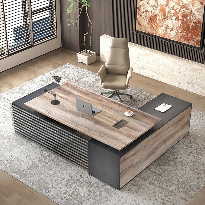 SAINTCY 86.61In L Shaped Executive Standing Desk with Drawers, Large Modern Adjustable Heigh Home Office Desk w/Universal Charging Ports, Business Workstation, Black and Warm Oak