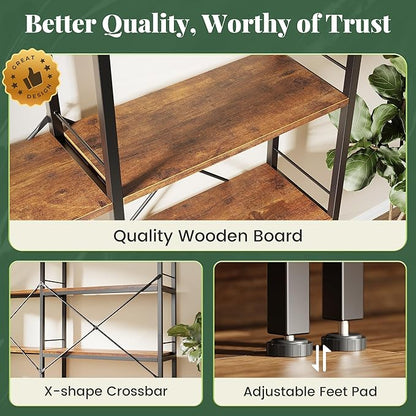 Huuger 6 Tier Bookshelf, L Shaped Corner Bookshelf with Open Shelves, 49.4 Inch Straight Wide Bookcase with Metal Frame and Wooden Board, Adjustable Feet, Rustic Brown