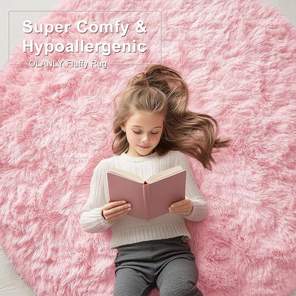 OLANLY Pink Round Rugs for Bedroom - Machine Washable, 8 ft Circle Area Rugs for Living Room, Soft and Fluffy Shaggy Carpet for Teen Girls and Boys, Nursery Rooms, Dorms, Home Decor Aesthetic