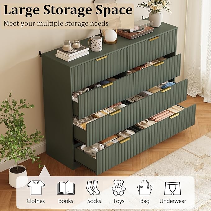 Fluted 8 Drawers Dresser for Bedroom, 55" Wide Wood Dressers Chest of Drawers with Metal Handle, Modern Dresser Storage Organizer for Living Room, Green